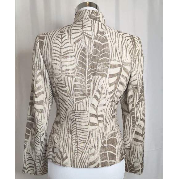 Lafayette 148 Leaf Patterned Blazer Zebra Stripe Tan Khaki Mandarin Type Collar - Picture 3 of 10